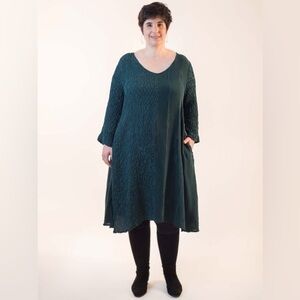 GRIZAS 100% silk dual textured swingy A-line dress deep teal blue green S
